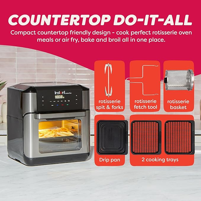 Instant Pot 10QT Air Fryer, 7-in-1 Functions with EvenCrisp Technology that Crisps, Broils, Bakes, Roasts, Dehydrates, Reheats & Rotisseries, Includes over 100 In-App Recipes, Stainless Steel