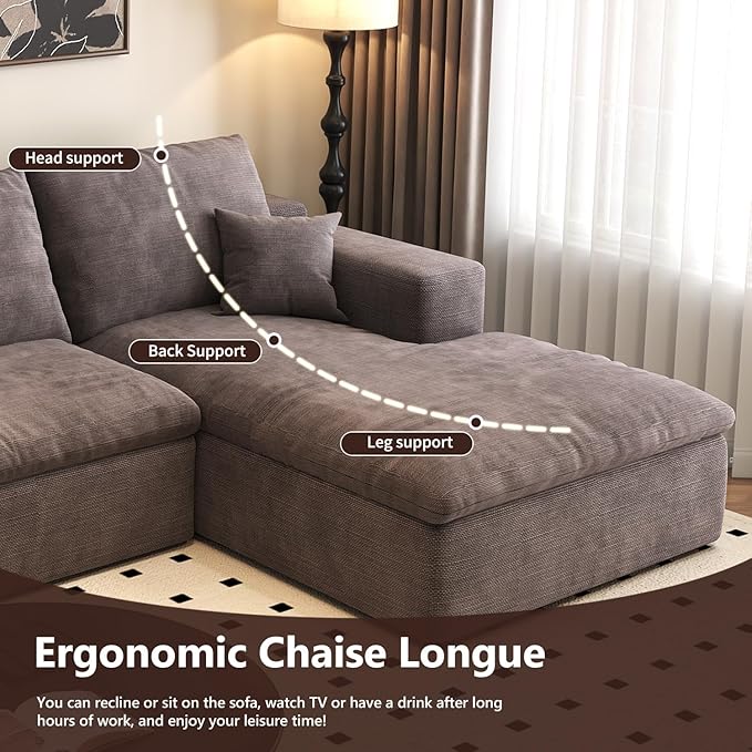 107'' L-Shaped Modern Modular Sectional Cloud Couch, 4-Seat Chenille Deep-Seat Sofa with Pillow for Living Room, Bedroom, Apartment, Camel