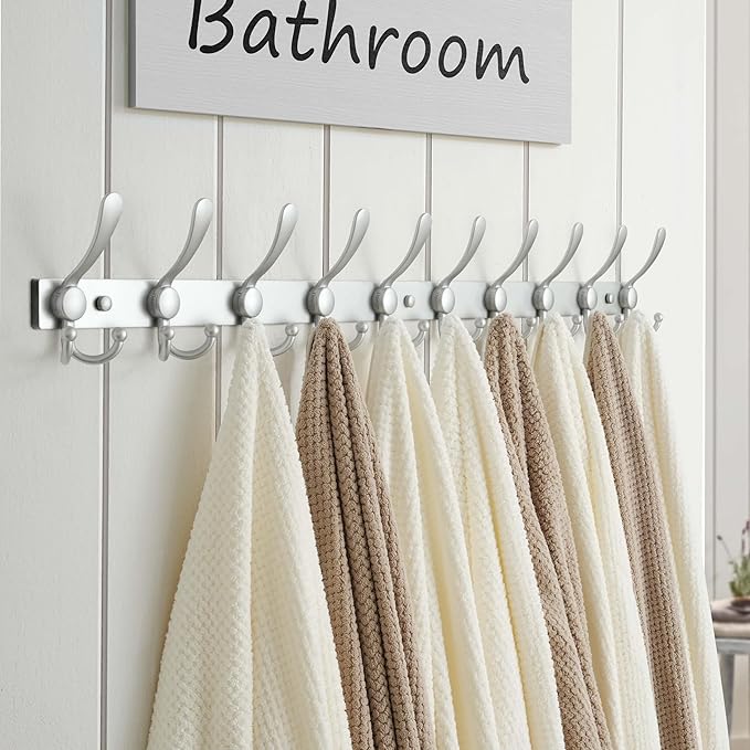 Dseap MaxStrong 2.0 Coat Rack Wall - 37” Long 10 Tri Hooks - Ultra Heavy-Duty Stainless Steel Wall Mount Coat Hanger, Hook Rail for Clothes Hats Jacket Towels Silver