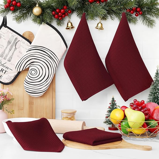Homaxy 100% Cotton Waffle Weave Kitchen Dish Cloths, Ultra Soft Absorbent Quick Drying Dish Towels, 12 x 12 Inches, 6-Pack, Burgundy