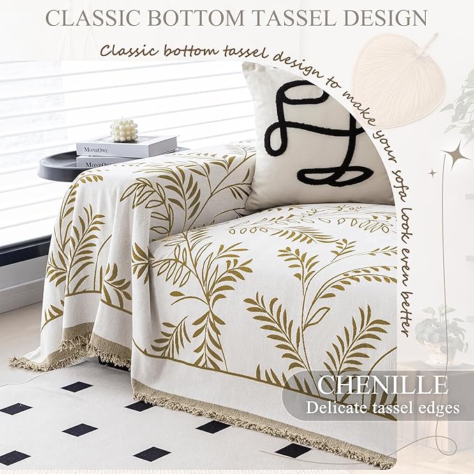 ALIECOM Boho Couch Covers for Sectional Sofa 2 Piece Thick Chenille L Shape Sofa Cover Washable Reversible Couch Cover Blanket Sofa Slipcovers Pet Dog Furniture Protector (XX-Large, Leaves Coffee)