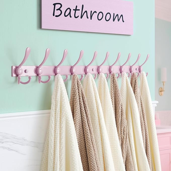 Dseap MaxStrong 2.0 Coat Rack Wall - 37” Long 10 Tri Hooks - Ultra Heavy-Duty Stainless Steel Wall Mount Coat Hanger, Hook Rail for Clothes Hats Jacket Towels Pink, Pack of 2