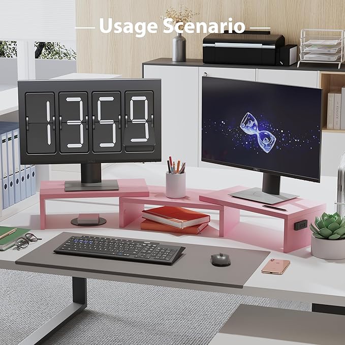 BONTEC Dual Monitor Stand Riser with Smartphone Holder, Adjustable Length & Swivel Angle, Ergonomic Wooden Desktop Organizer for PC Monitor, Laptop, Printer, Large Storage, White