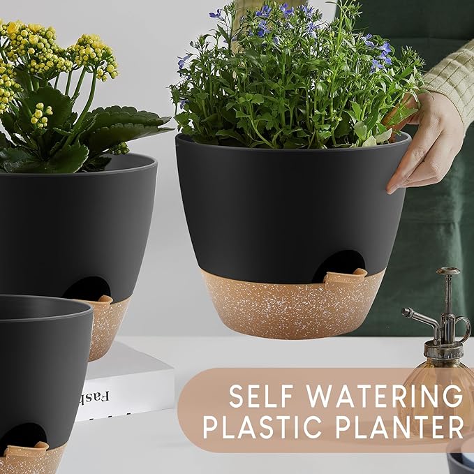 Plant Pots 10/9/8/7.5/7 inch, Self Watering Planters with Drainage Holes & Saucers for Indoor and Outdoor Plants (Black)