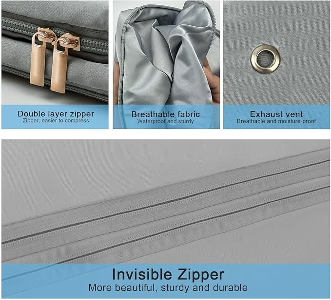 1PC Comforter Storage Bag, 2-Layer Zipper Blanket Storage Bags, Ultra Space Saving Self Compression Storage Bag for Comforters, Clothes, Pillows, Duvet and Bedding Sets (Grey, Large)