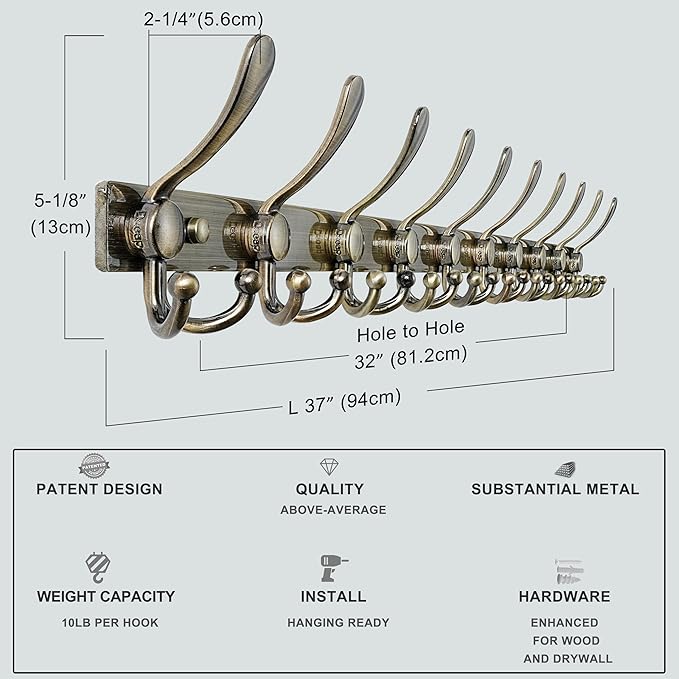 Dseap MaxStrong 2.0 Coat Rack Wall - 37” Long 10 Tri Hooks - Ultra Heavy-Duty Stainless Steel Wall Mount Coat Hanger, Hook Rail for Clothes Hats Jacket Towels Bronze