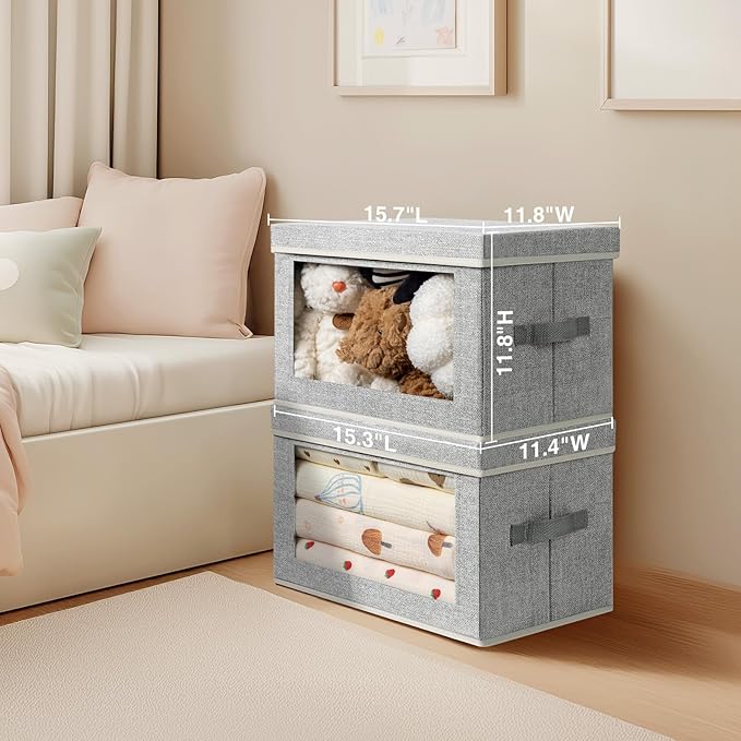 Large Storage Baskets Bins with Lids - Stackable Cube Bins for Closet, 3 Pack Windows Organizer Bins, Home Organizers and Storage for Clothes, CD, Towels, Light Grey