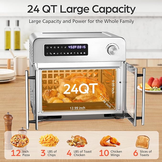OSTBA French Door Air Fryer Toaster Oven Combo, Airfryer Convection Oven Countertop 10-in-1 Combo, 30% Faster 90% Less Oil, 102 Recipes & 7 Accessories Included 24 QT Stainless Steel