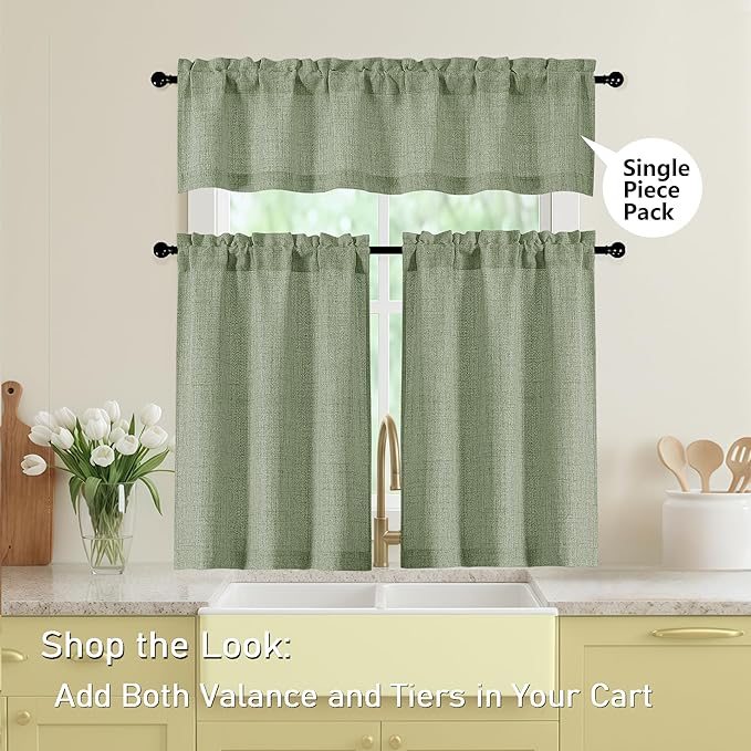Sage Green Kitchen Curtains 45 Inch Length 2 Panels, Light Filtering Faux Linen Textured Short Kitchen Window Curtains Over Sink, Half Curtain Tiers for Cabinet Bathroom Basement, 30"Wx45"L