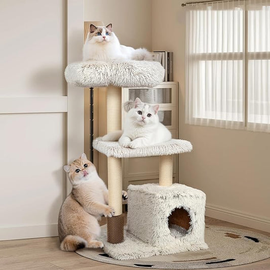 KAMABOKO 41" Tall Cat Tree - Wooden Cat Trees Tower with Cat Condo, Hammock & Top Perch, Modern Tall Cat-Tree w/Natural Sisal Posts for Climb Scratch Play Rest