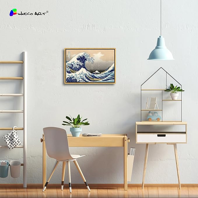 Wieco Art Framed Art Great Wave of Kanagawa Katsushika Hokusai Giclee Canvas Prints Wall Art Abstract Seascape Paintings for Home Living Room Decorations Bronze Gold Frame