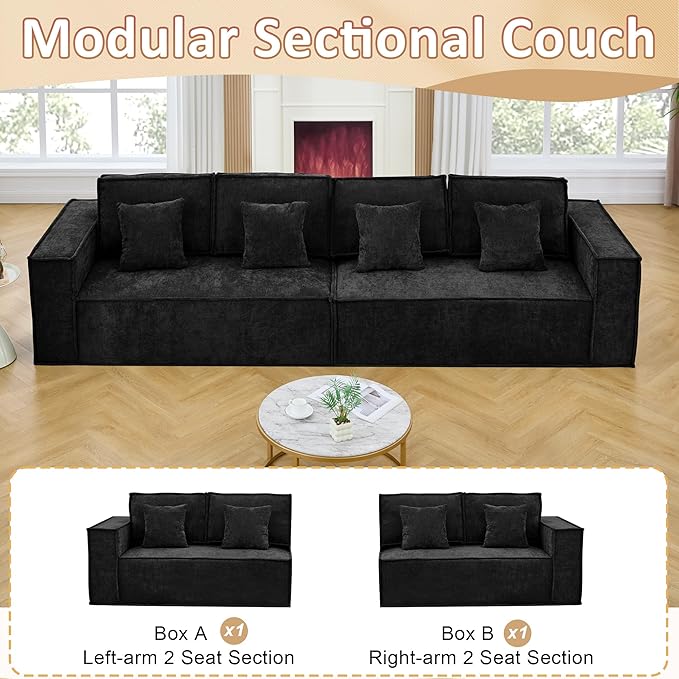 108'' Comfy Chenille Boneless Couch, Oversized Modular Sectional 4 Seater Sofa, Modern Deep Seat Corner Cloud Compressed Couch, No Assembly Sleeper Sofa with Chaise for Living Room, Black