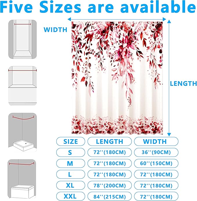 Red Eucalyptus Leaves Shower Curtain for Bathroom:Aesthetic Art Watercolor Plant Shower Curtains Sets with Hooks,Waterproof Fabric Decor 60x72 inches.