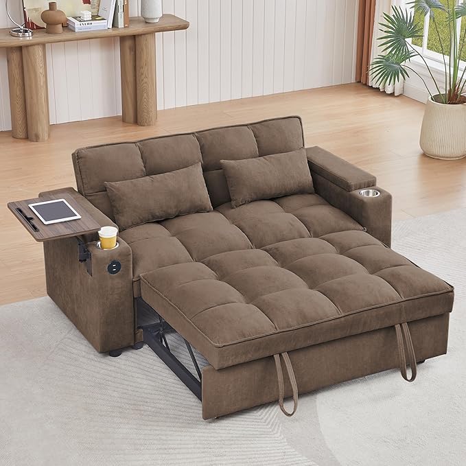 65'' Convertible Sleeper Sofa Bed with Adjustable Backrest, Chaise Lounge, Side Table & USB/Type-C Ports – Stylish & Functional Addition to Any Living Room (Light Grey-1)