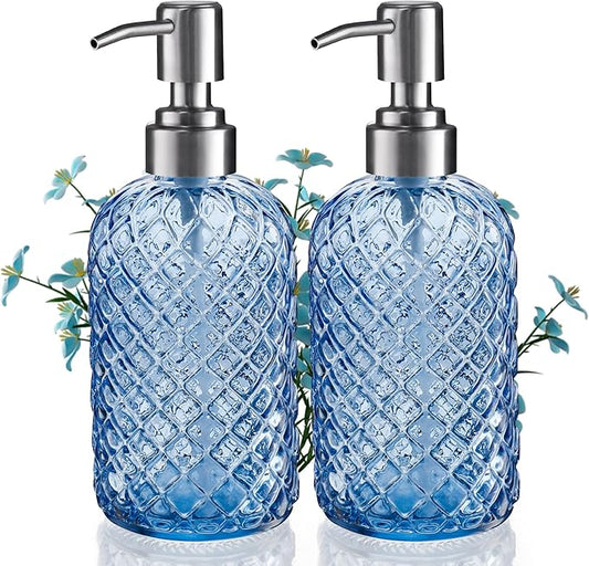 14 Oz Refillable Glass Soap Dispenser with Rust Proof Stainless Steel Pump, for Dispense Hand soap, Body wash, Lotion 2pack (Blue)