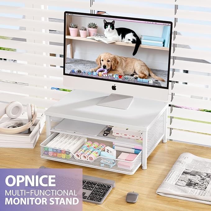 Computer Monitor Stand Riser, Desk Organizers and Accessories with Drawer, Laptop Stand, Office Desk Accessories & Workspace Desktop Organizers Storage for Office Supplies(White)