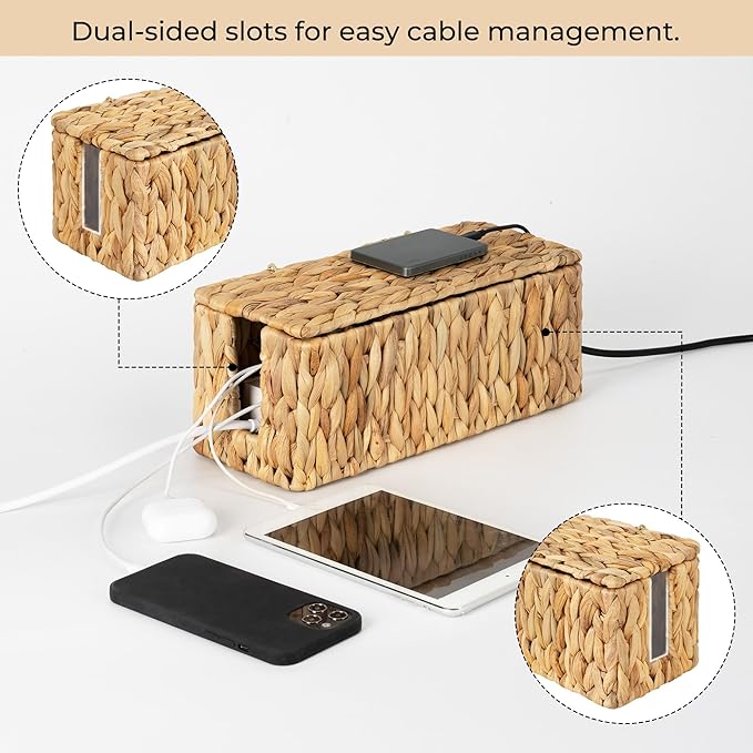 StorageWorks Cable Management Box, 2 Slots Wicker Cable Organizer to Hide Cords and Power Strip, Water Hyacinth Cord Hider Box for Home & Office