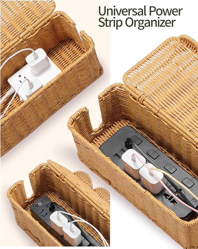 YECAYE Handwoven Rattan Style Cable Management WavyWeave Box, Decorative Storage Cord Organizer Box for Power Strips & Cords, Cord Hider for Home, Kids & Pet Safety, DIY-Friendly Cord Management