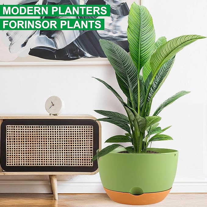 8/8/10/12 Inch Pots for Indoor Plants, 4 Pack Large Self Watering Planters with Drainage and Saucers, Plastic Outdoor Flower Pot(Green)