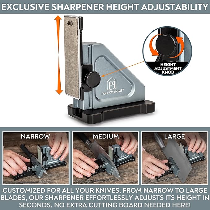 ORIGINAL ADJUSTABLE ROLLING KNIFE SHARPENER KIT: Adjustable Height, 30 Angle Options, 5 Removeable Whetstone Plates, Leather Strop with Travel Case - Kitchen Knife Sharpener