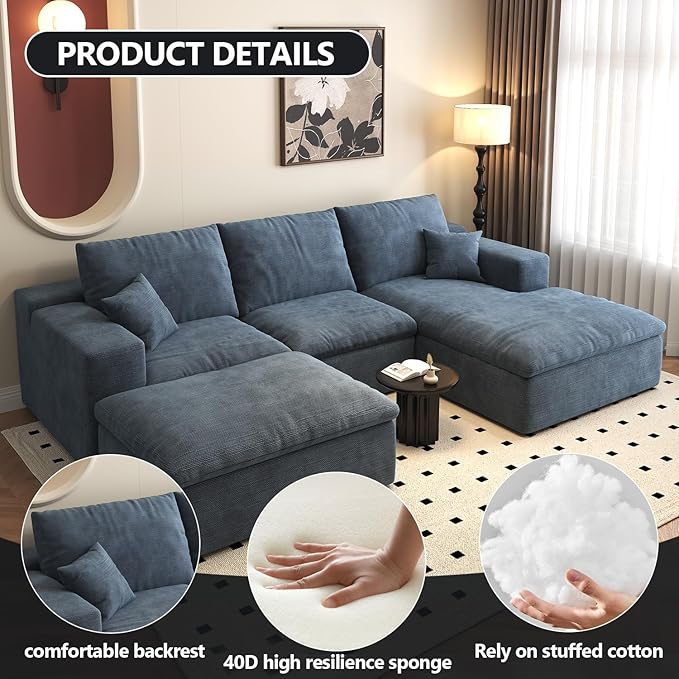 107'' U-Shaped Modern Modular Sectional Cloud Couch Whit Ottoman, 4-Seat Chenille Deep-Seat Sofa with Pillow for Living Room, Bedroom, Apartment, Ocean Blue