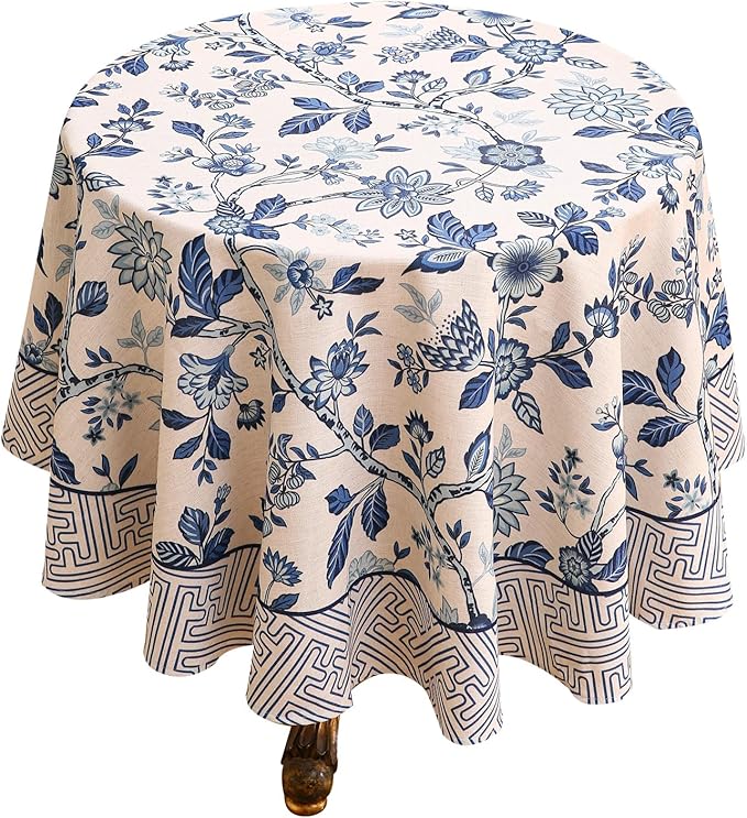 Vintage French Linen Round Tablecloth,Blue and White Floral Wrinkle Free Tablecloths,Decorative Table Cover for Kitchen,Dining,Tea Party,Thanksgiving,Christmas,Diameter 67"-Suqing