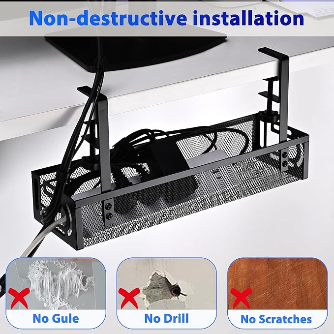 Under Desk Cable Management Tray Small – Clamp-Mounted Wire Organizer & Cord Management Under Desk Rack, No-Drill Metal Cable Organizer for Home Office (Black)