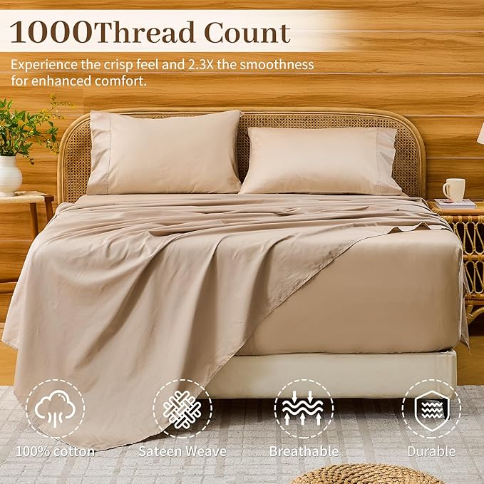 Bedlifes Deep Pocket Sheets 18-24 Inch, California King Size Egyptian Cotton 1000 Thread Count, 4-Piece - Fits Extra Thick Mattresses, Cooling & Breathable (Linen)