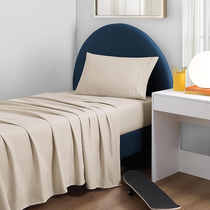 CASUAL LIVING Twin Sheets Set 3 Piece Cooling Sheets with 1 Pillowcase Soft Microfiber Hypoallergenic Washable Bed Set Deep Pocket Lightweight Bedding Elasticized for Dorm or Bunk Bed, Twin, Beige