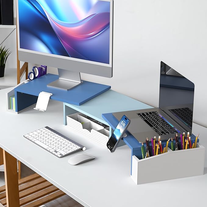 Simple Houseware Desk Dual Monitor Stand Riser with Drawer, Blue