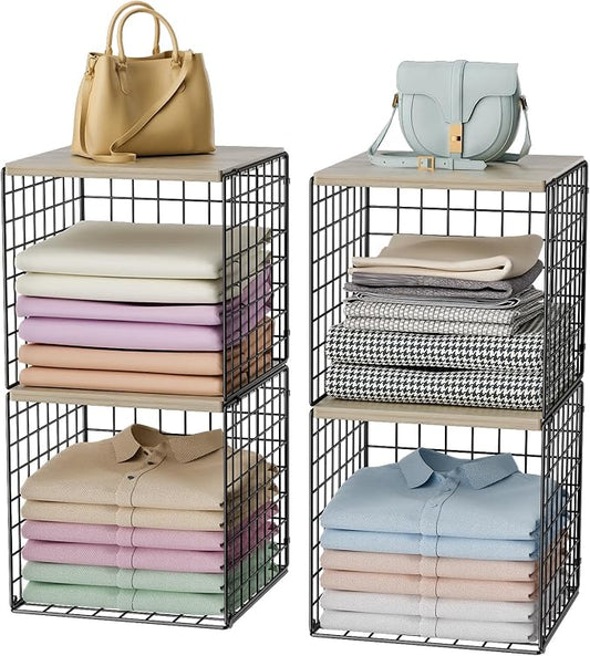 4-Tier Stackable Closet Organizers and Storage, Dual-Layer Reinforced Clothing Cube Shelves with Wood Tops, Sturdy Clothes Storage Bins & Shelf Basket for Wardrobe, Closet Organizer System