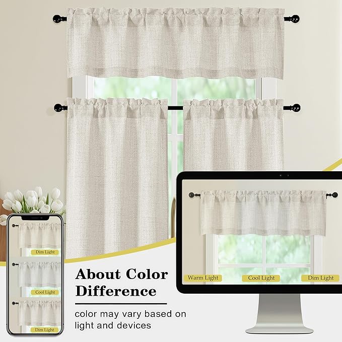 Natural Kitchen Curtains 30 Inch Length 2 Panels, Light Filtering Farmhouse Linen Textured Small Short Curtains Over Sink, Half Curtain Tiers for Cabinet Bathroom Cafe Basement, 30Wx30L Inch