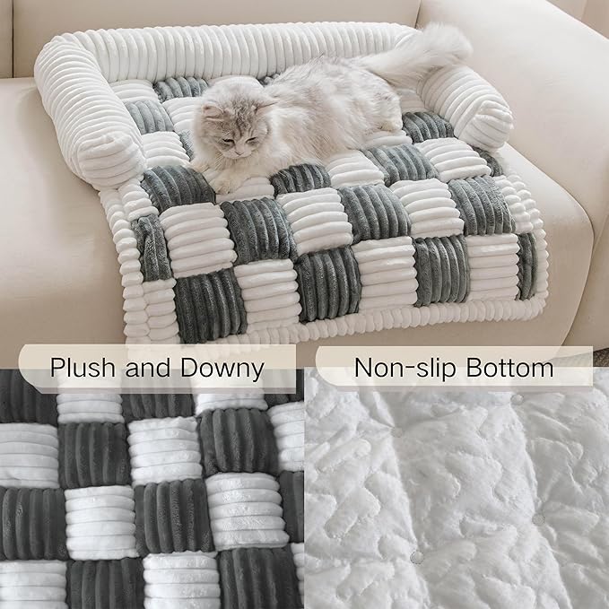 Couch Covers for Dogs and Cats, Fuzzy Dog Sofa bed with Cream Square Plaid, Plush Pet Couch Cover Bed, Thickened Quilted Furniture Protector Mat for Large Medium Pets (Dark Grey 27.56"*27.56")