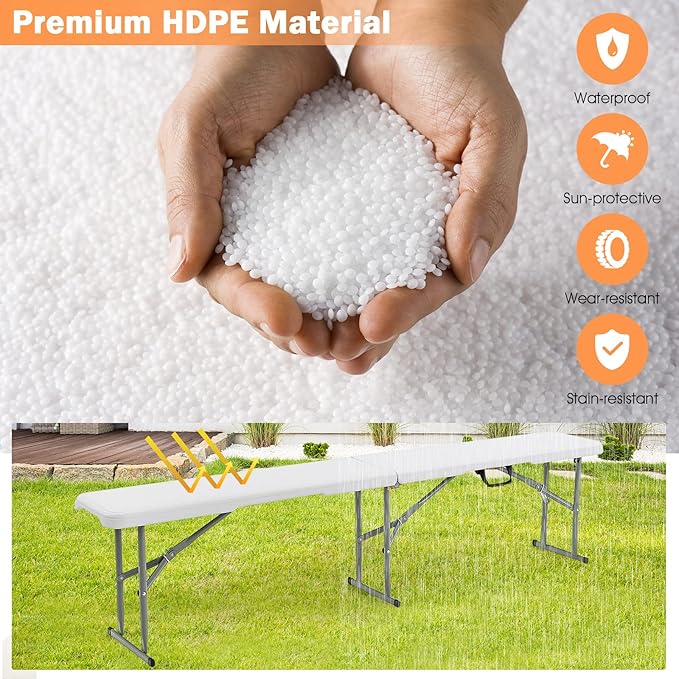 S AFSTAR 3 PCS Folding Table and Benches, 6Ft Camping Table & 2-Pack Folding Chairs with Carry Handles, Indoor Outdoor Rectangle Folding Desk & Long Chairs for Picnic Party Camping BBQ, Assembly-Free