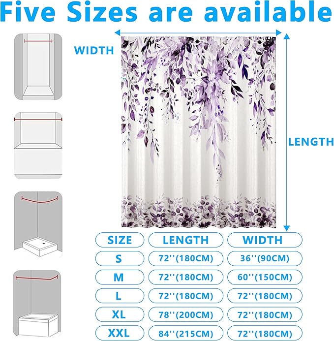 Purple Eucalyptus Leaves Shower Curtain for Bathroom:Aesthetic Art Watercolor Plant Shower Curtains Sets with Hooks,Waterproof Fabric Decor 36x72 inches.