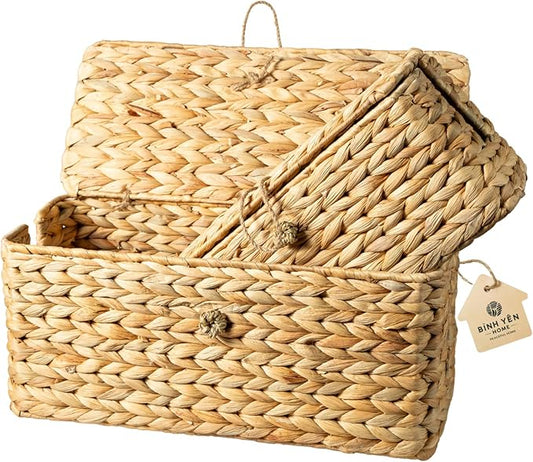 Wicker Cable Management Box with Lid, Set of 2 Handwoven Water Hyacinth Cords Hider Boxes for TV, Computer, Router, USB Hub to Hide Cords & Power Strip for Desk, Floor, Office