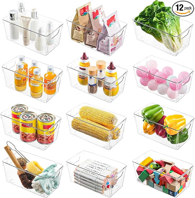 Clear Plastic Storage Bins, 12 Pack Acrylic Pantry Organizer and Storage Bins, Fridge Organizer, Small Plastic Containers Bins with Handles, CabinetOrganizer for Kitchen,Bathroom,Refrigerator,Shelves