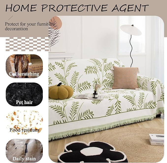 ALIECOM Boho Couch Covers for Sectional Sofa 2 Piece Thick Chenille L Shape Sofa Cover Washable Reversible Couch Cover Blanket Chaise Slipcovers Pet Dog Furniture Protector (X-Large, Leaves Green)