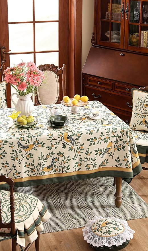 patdrea Designer Vintage French Floral Small Square Tablecloth,Yellow Brids Green Leaves Pattern Linen Table Cloth,Decor Kitchen Dining Holiday Banquet Christmas,Thanksgiving,55"x55"-Warbler