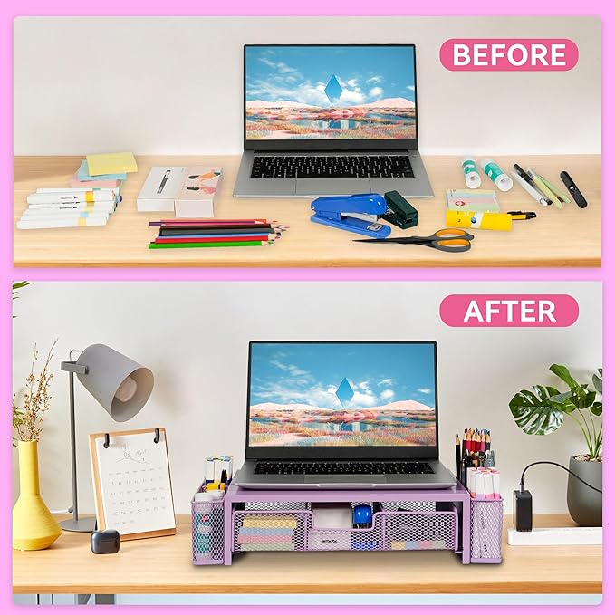 Computer Monitor Stand Riser with Drawer and Pen Holders, Desk Organizer Shelf and Accessories, Office Desk Accessories, Office Organization, Purple