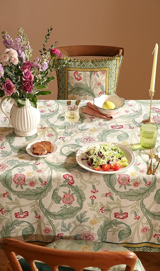 patdrea Designer Linen Tablecloths for Rectangle Table,Green Vintage Leaves Pattern Tablecloth,Decor Floral Table Cover for Kitchen Dining Christmas,Thanksgiving,Tea Party,55"x87"-Cecilia a