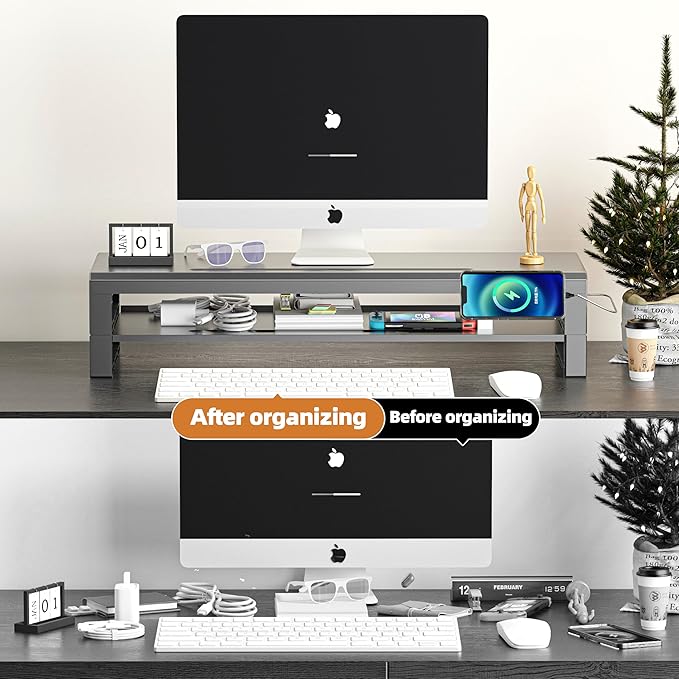 2-Tier Metal Computer monitor stand Laptop Desk Shelf & Monitor Riser ，27.55 inches long desk riser Monitors/PC/Laptop/Computer Space Saver Organizer (Basic Version, Two-layer 700mm)
