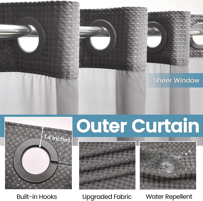 Charcoal Grey Long No Hook Shower Curtain with Snap in Liner,230GSM Waffle Weave Shower Curtains for Bathroom,71W x 86H