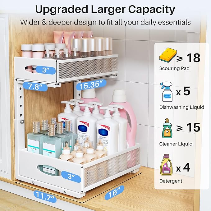 Under Sink Organizer, 2 Tier Pull Out Under Cabinet Organizer Shelf with Pad for Framed Cabinets, Metal Slide Out Under Sink Storage, Mesh Sliding Drawers for Kitchen Bathroom Laundry(White, 1 Pack)