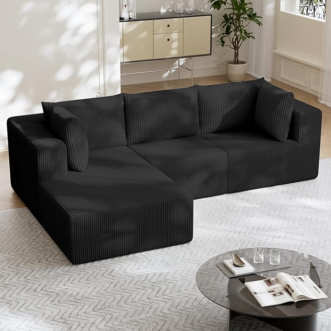108" Boneless Couches for Living Room, Modular Cloud Couch Sofa - L Shap Corduroy Sectional Sofa, Fluffy Memory Foam Sleeper Sofa Furniture, No Assembly, Wide Armrest, Black