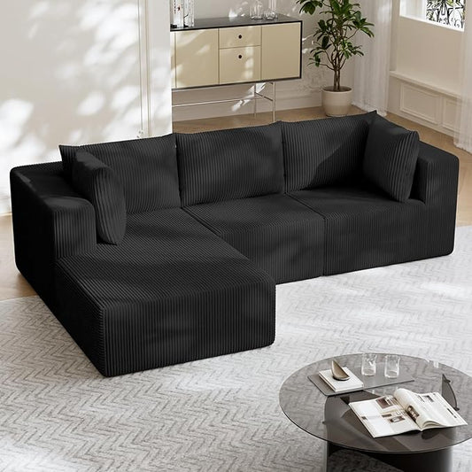 108" Boneless Couches for Living Room, Modular Cloud Couch Sofa - L Shap Corduroy Sectional Sofa, Fluffy Memory Foam Sleeper Sofa Furniture, No Assembly, Wide Armrest, Black