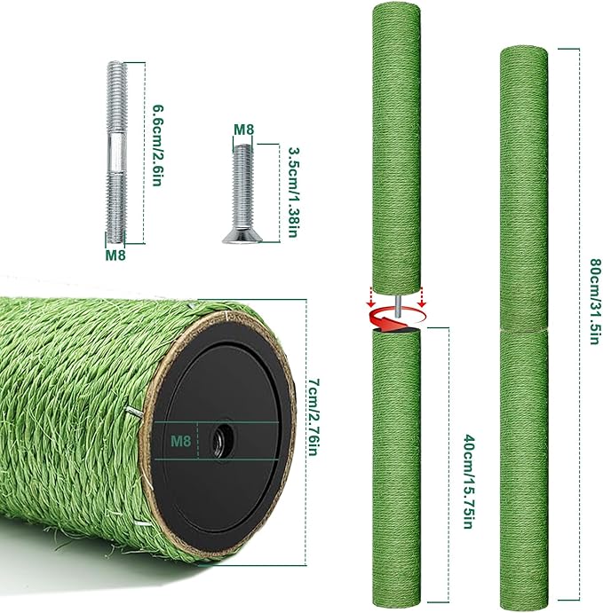 Cat Scratching Post Replacement Pole, Green,2 PCS 15.7in Cat Tree Replacement Post, Natural Sisal Cat Tree Replacement Parts with M8 Screws, Cat Scratch Post Replacement for Refurbishment