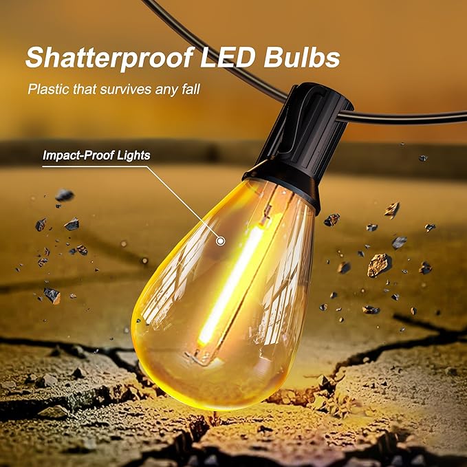 Outdoor String Lights 100FT for Outside Patio Lights with 50+2 Shatterproof S14 LED Dimmable Bulb, Outside Hanging Light Waterproof for Porch Garden Fences Backyard Balcony Pathways 2700K