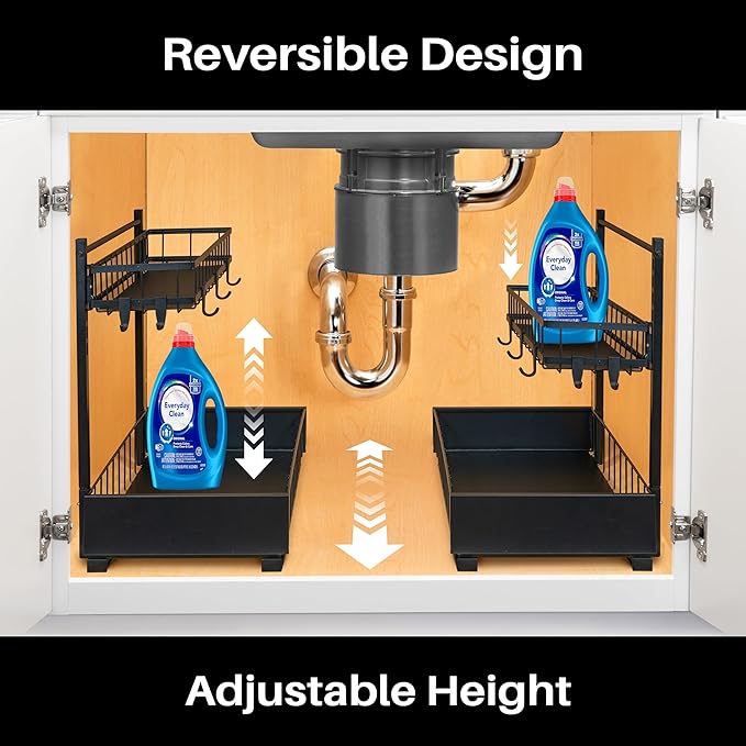 LYNK PROFESSIONAL® Pull Out Under Sink Kitchen Cabinet Organizer - 10" W x 14" D 2-Tier Drawer - Sliding Shelf Organizer for Cabinets and Undersink Storage Shelves - Lifetime Ltd. Warranty – Black