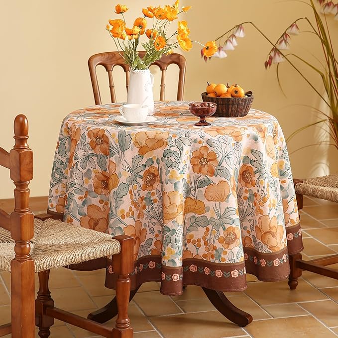 Vintage Linen Round Tablecloth,Italian Orange Floral Soft and Wrinkle Free Tablecloths,Decorative Table Cover for Kitchen,Dining,Tea Party,Home,Christmas,Diameter 67"-Positano